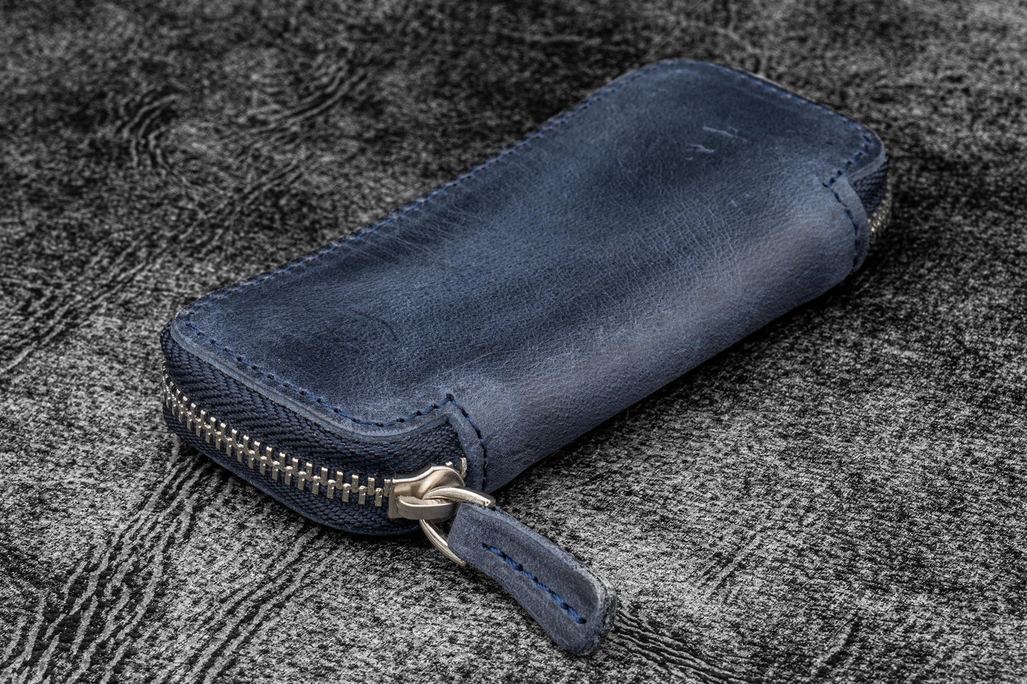 Galen Leather Double Zippered Pen Case for Kaweco Pocket Pen - Crazy Horse Navy Blue