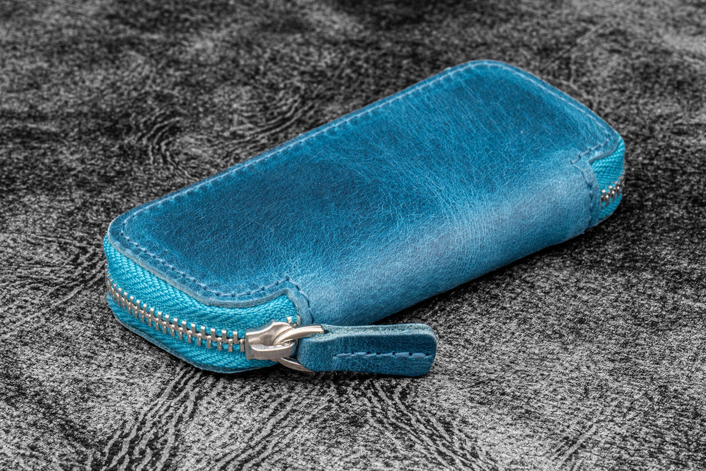 Galen Leather Double Zippered Pen Case for Kaweco Pocket Pen - Crazy Horse Ocean Blue