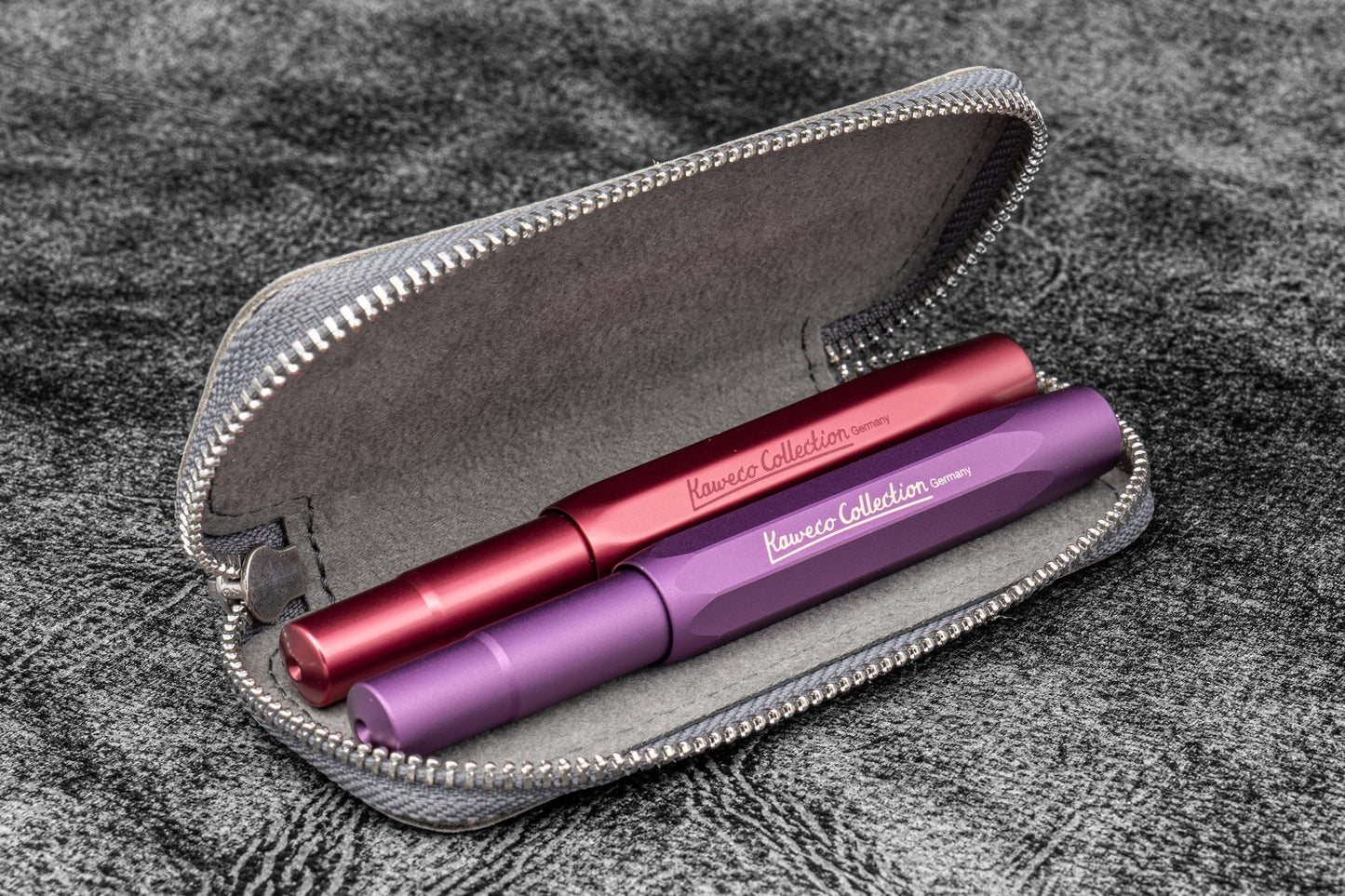 Galen Leather Double Zippered Pen Case for Kaweco Pocket Pen - Crazy Horse Smoky