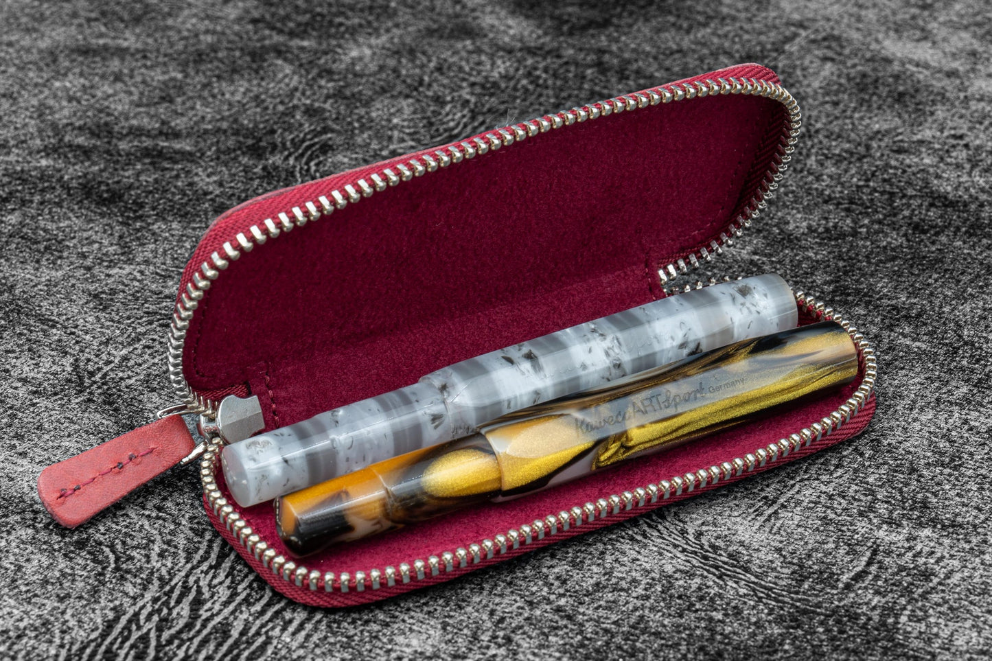 Galen Leather Double Zippered Pen Case Kaweco/Pocket Size - Carmine Red
