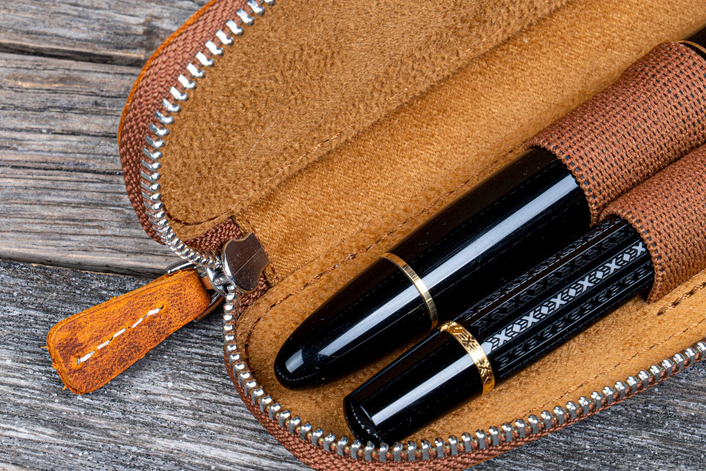 Galen Leather 2 Pen Duo Slim Zippered Pen Case - Crazy Horse Brown