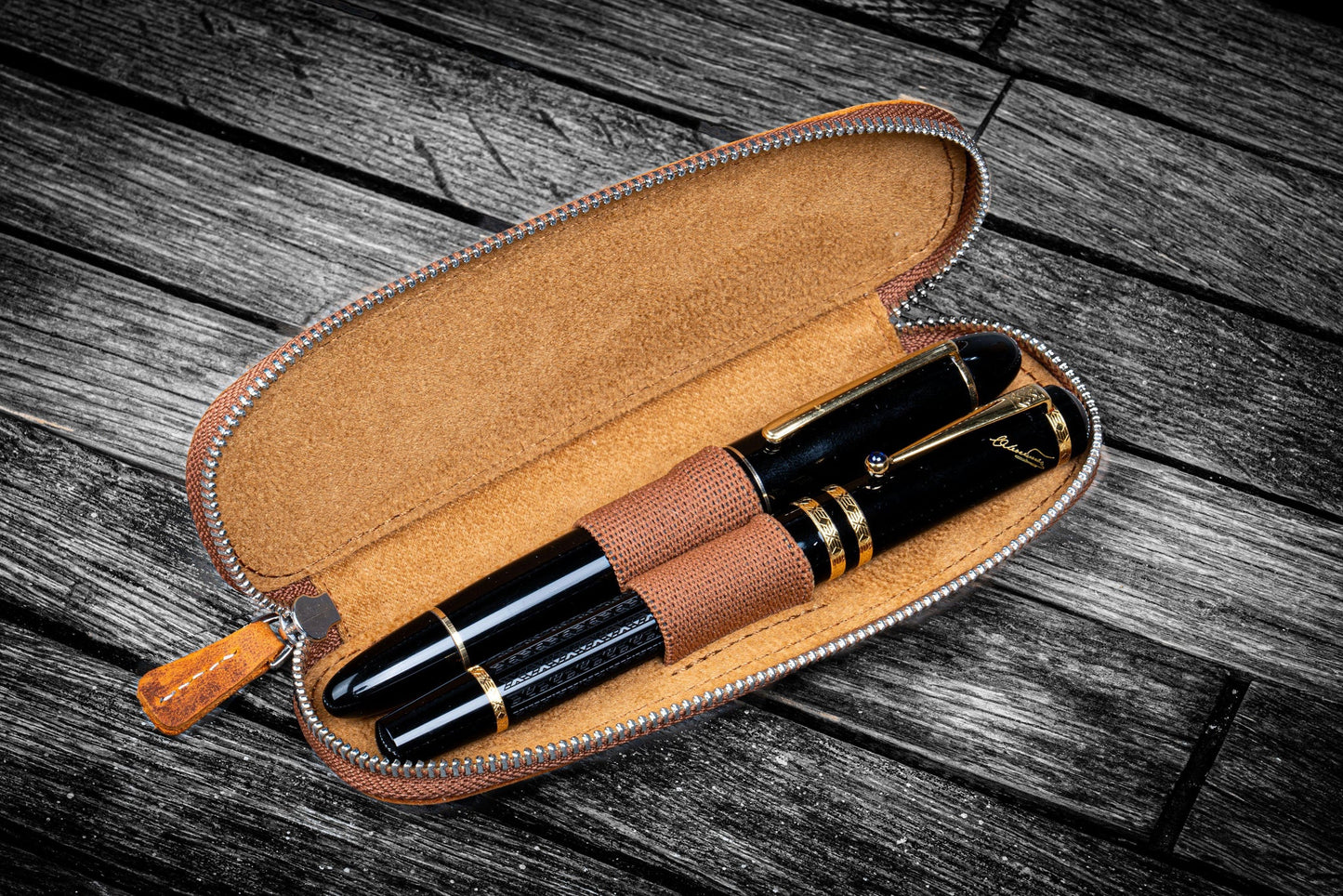 Galen Leather 2 Pen Duo Slim Zippered Pen Case - Crazy Horse Brown