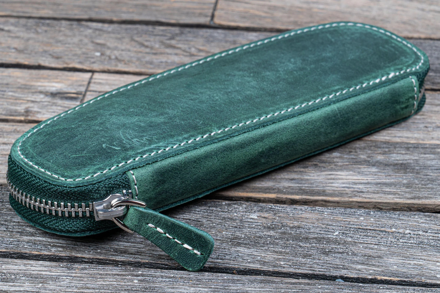 Galen Leather 2 Pen Duo Slim Zippered Pen Case - Crazy Horse Forest Green
