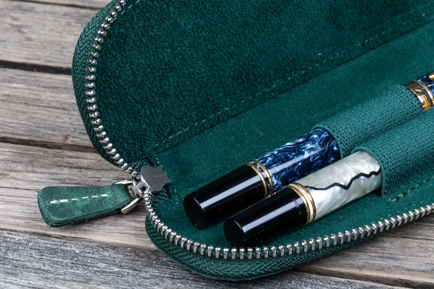 Galen Leather 2 Pen Duo Slim Zippered Pen Case - Crazy Horse Forest Green