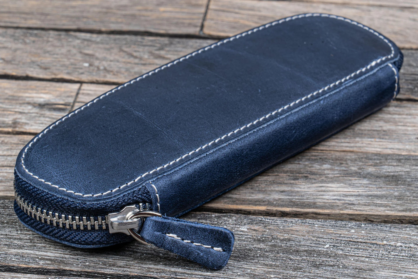 Galen Leather 2 Pen Duo Slim Zippered Pen Case - Crazy Horse Navy Blue