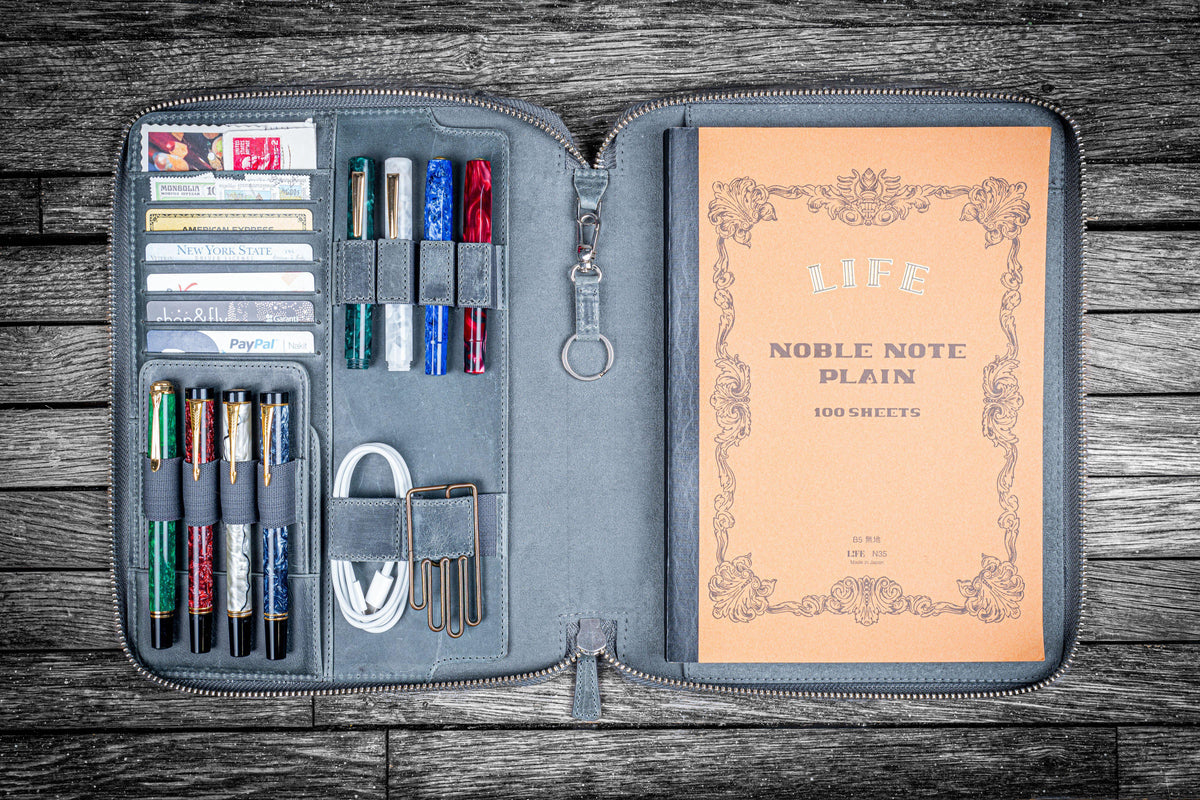 Galen Leather B5 Zippered Notebook Folio - Crazy Horse Smoky