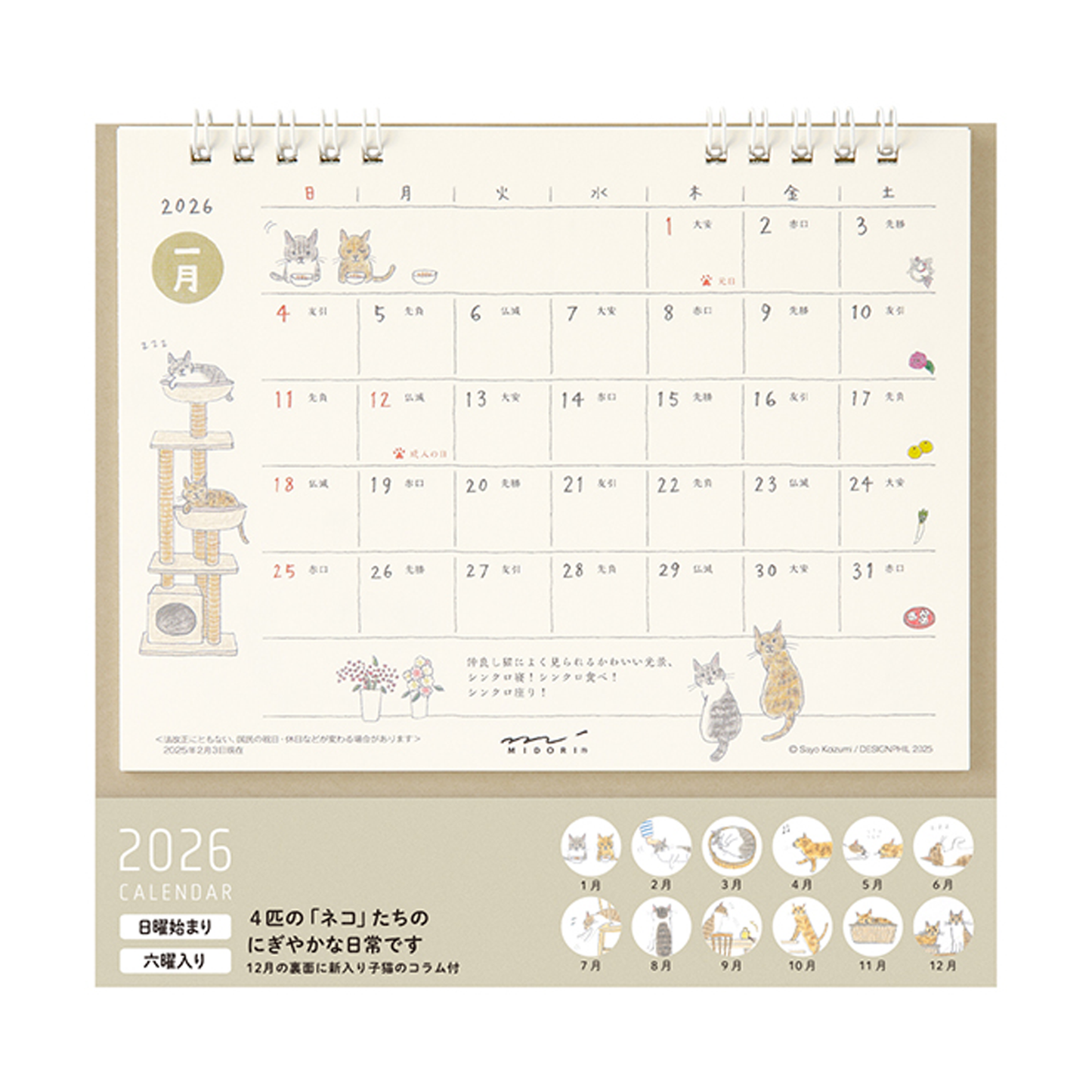 Midori 2026 Ring Stand Monthly Calendar - Cat