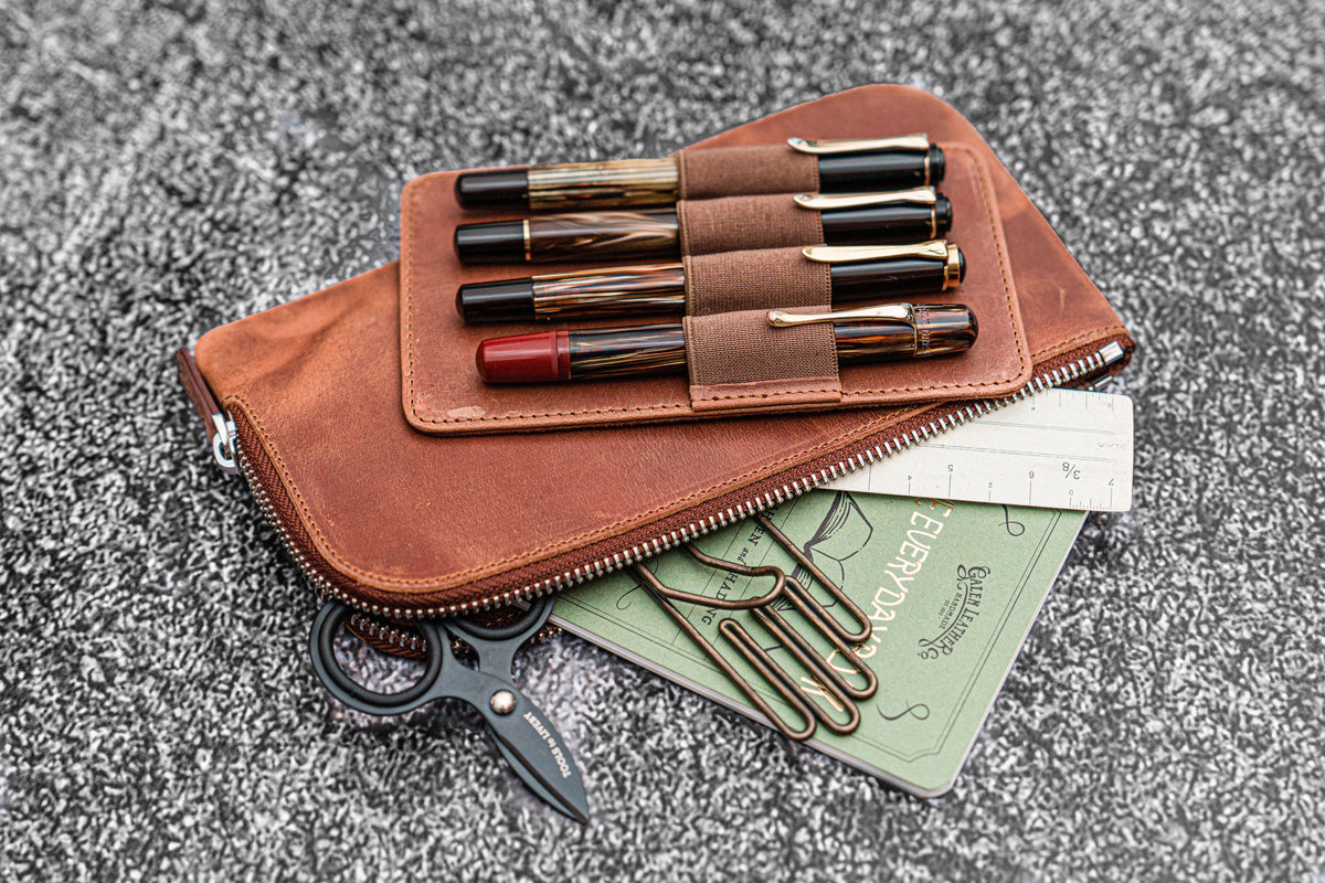 Galen Leather Slip-n-Zip 4 Slot Zippered Pen Pouch - Crazy Horse Tan
