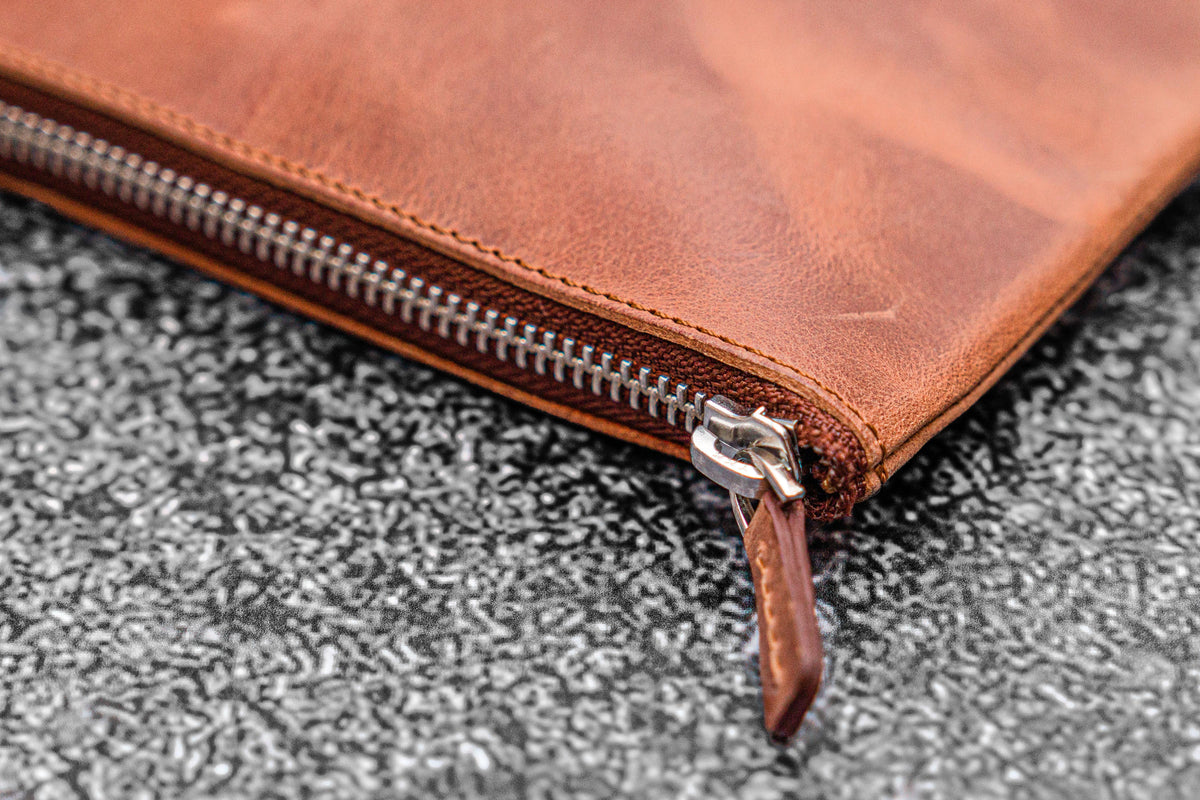 Galen Leather Slip-n-Zip 4 Slot Zippered Pen Pouch - Crazy Horse Tan