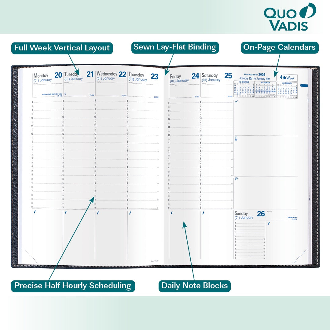 Quo Vadis 2026 Trinote 13 Months Weekly Planner - Texas Blue