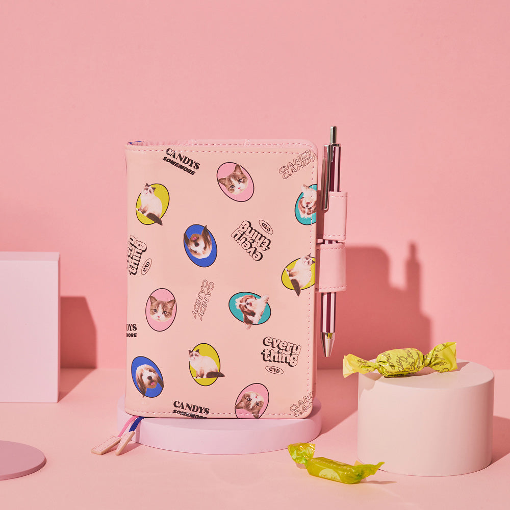 Hobonichi 2026 A6 Techo Book & Cover Set - Candy Stripper: Random Dog & Cat (Pink) (English)