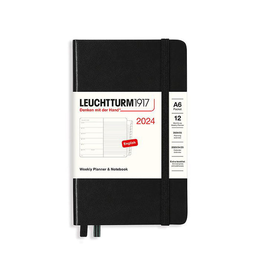 Leuchtturm1917 2024 Pocket A6 Hardcover Weekly Planner and Notebook with Extra Booklet - Black