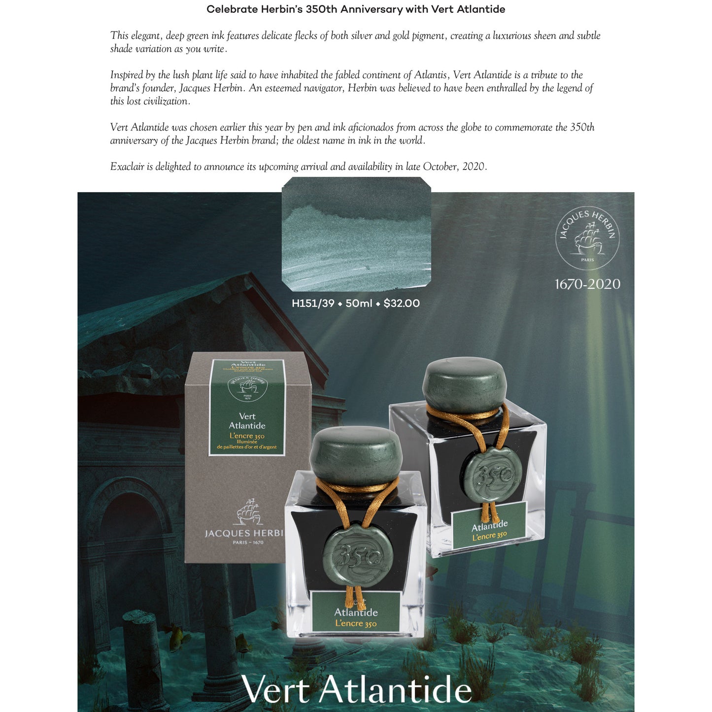 Jacques Herbin 350th Anniversary Vert Atlantide 50ml Bottled Ink