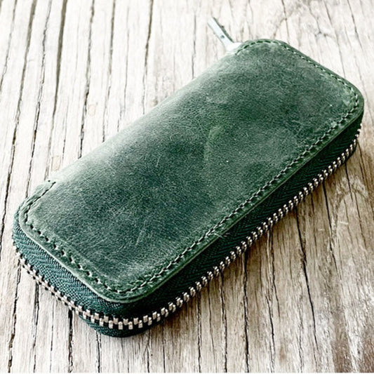 Galen Leather Double Zippered Pen Case for Kaweco Pocket Pen - Crazy Horse Forest Green