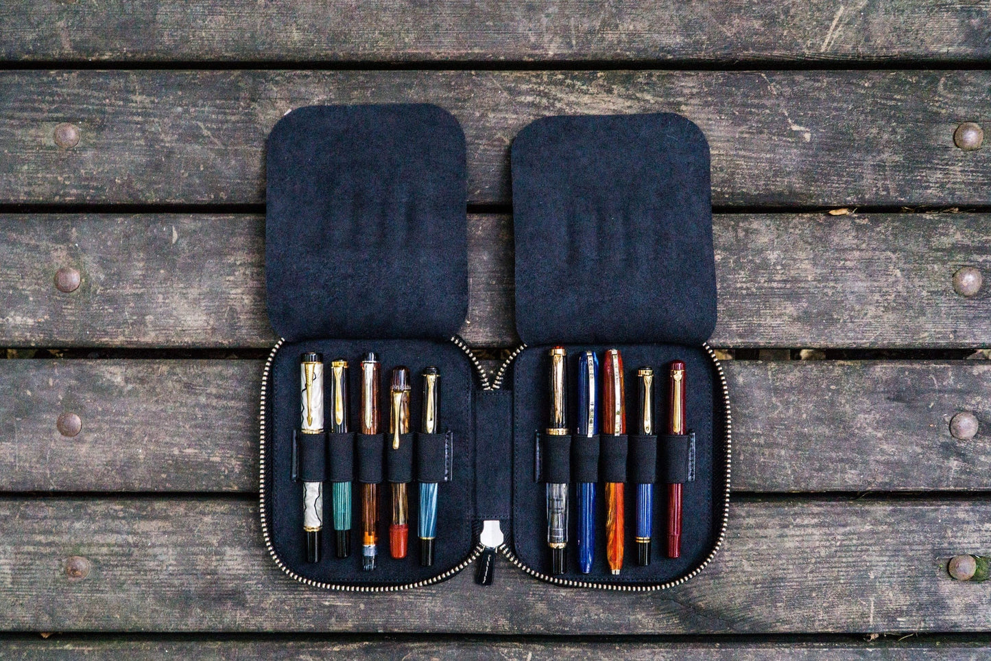 Galen Leather 10 Slot Zippered Pen Case - Black