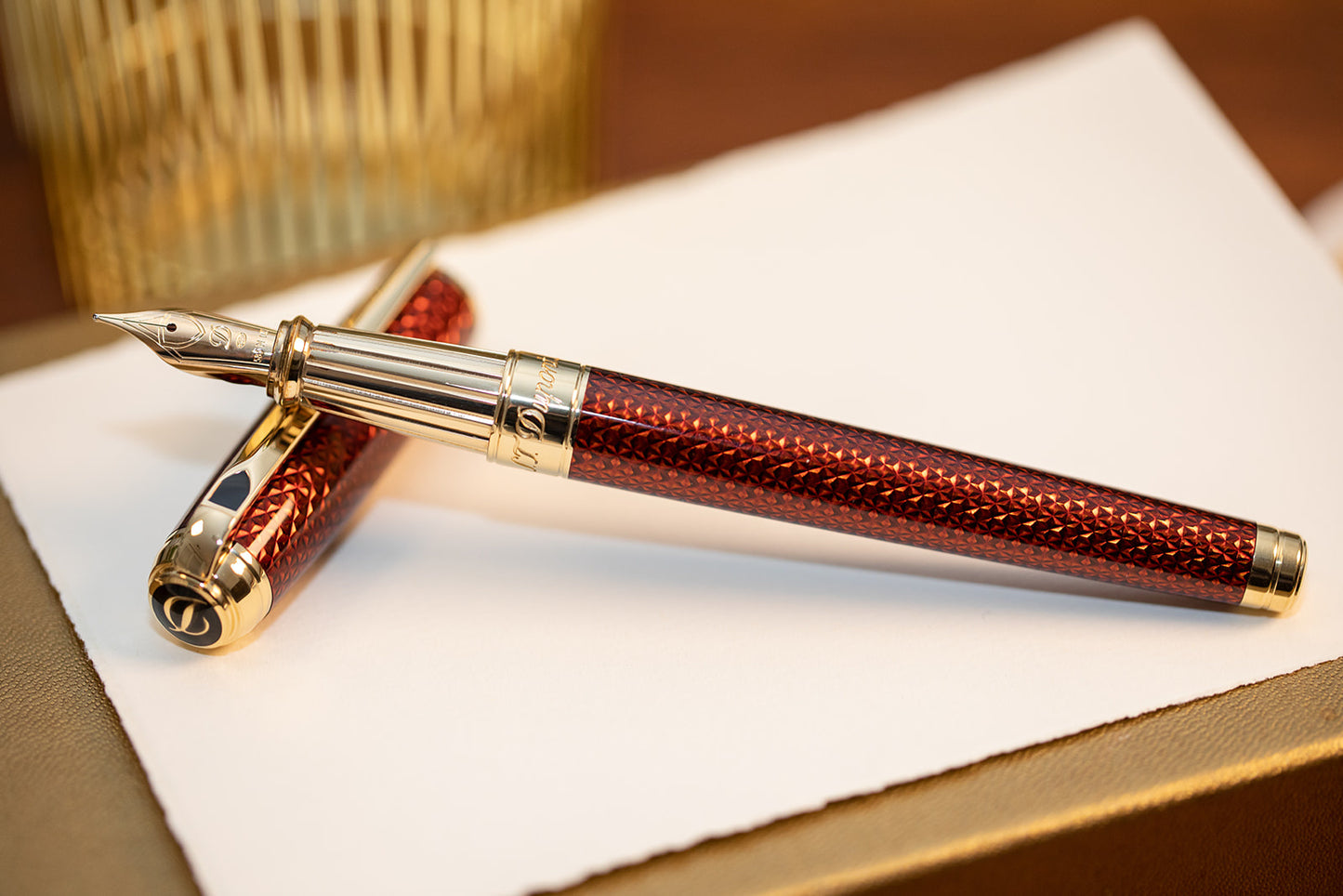 S.T. Dupont Line-D Firehead Guilloche Fountain Pen - Amber